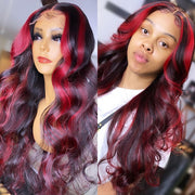 Highlight Red Lace Front Human Hair Wigs Wavy Ombre Burgundy Color Human Hair T Part Lace Wig with Baby Hair Brazilian Remy 180%